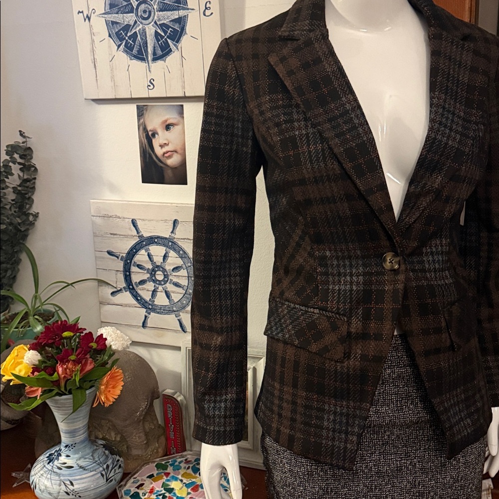NWT Liverpool size XS notch collar Plaid Brown Winston’s Women's Blazer.heavy!!